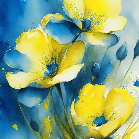 Blue and yellow watercolor flowers with stems and leaves. Watercolor art background. Digital generated wallpaper design with flower paint brush line art.の素材