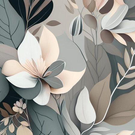 Soft grey and pink shades flowers with stems and leaves. Watercolor art background. Digital generated wallpaper design with flower paint brush line art.の素材