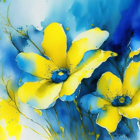Blue and yellow watercolor flowers with stems and leaves. Watercolor art background. Digital generated wallpaper design with flower paint brush line art.の素材