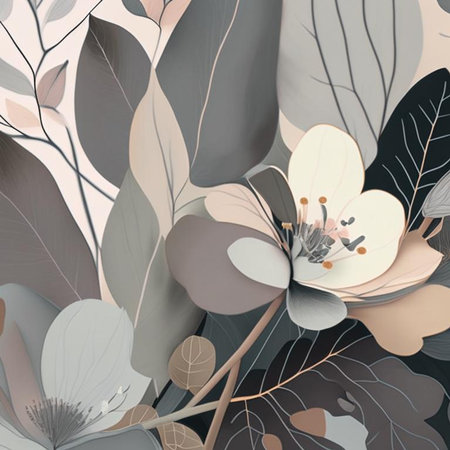 Soft grey and pink shades flowers with stems and leaves. Watercolor art background. Digital generated wallpaper design with flower paint brush line art.の素材