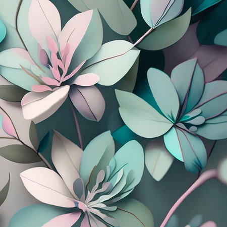Pastel watercolor flowers with stems and leaves. Watercolor art background. Digital generated wallpaper design with flower paint brush line art.の素材