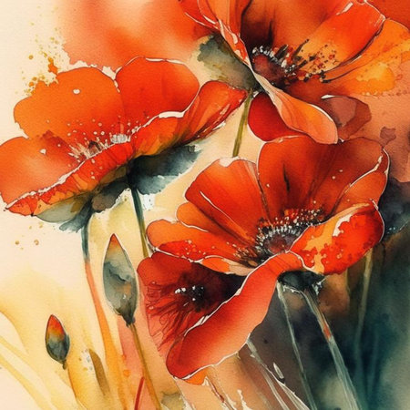 Red and orange watercolor poppy flowers with stems and leaves. Watercolor art background. Digital generated wallpaper design with flower paint brush line art.の素材