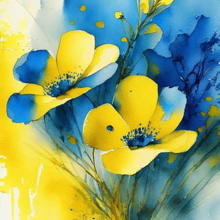 Blue and yellow watercolor flowers with stems and leaves. Watercolor art background. Digital generated wallpaper design with flower paint brush line art.の素材