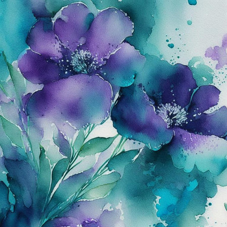 Purple and teal watercolor flowers with stems and leaves. Watercolor art background. Digital generated wallpaper design with flower paint brush line art.の素材