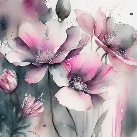 Pink and grey watercolor flowers with stems and leaves. Watercolor art background. Digital generated wallpaper design with flower paint brush line art.の素材