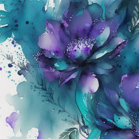 Purple and teal watercolor flowers with stems and leaves. Watercolor art background. Digital generated wallpaper design with flower paint brush line art.の素材