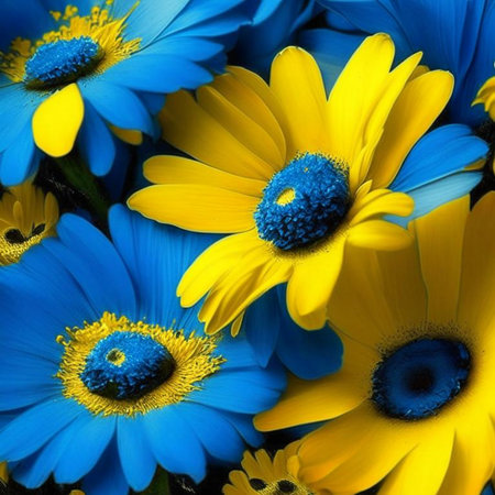 Blue and yellow abstract flower Illustration for prints, wall art, cover and invitation. Watercolor art background. Digital generated wallpaper design with flower paint brush line art.の素材