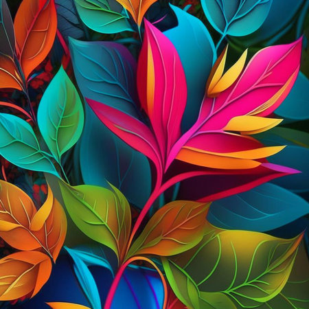 Original floral design with exotic flowers and tropic leaves. Colorful flowers on dark background. Digital generated illustration.の素材
