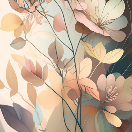 Soft brown, yellow, orange and pink shades flowers with stems and leaves. Watercolor art background. Digital generated wallpaper design with flower paint brush line art.の素材