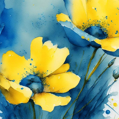 Blue and yellow watercolor flowers with stems and leaves. Watercolor art background. Digital generated wallpaper design with flower paint brush line art.の素材