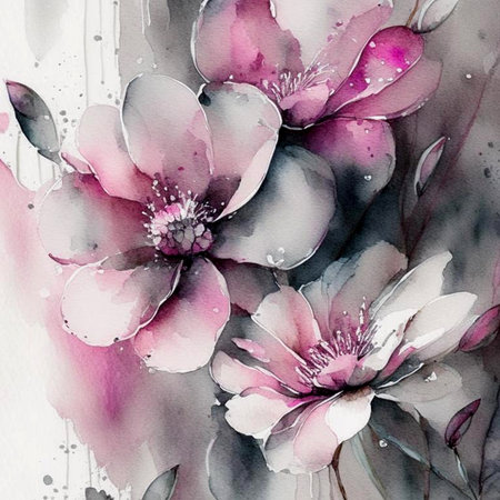 Pink and grey watercolor flowers with stems and leaves. Watercolor art background. Digital generated wallpaper design with flower paint brush line art.の素材