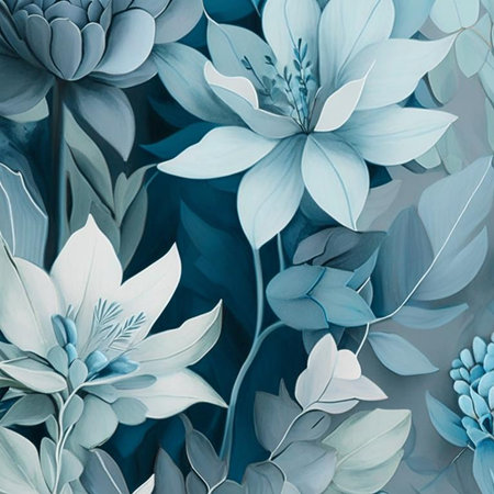 Teal, blue grey and white watercolor flowers with stems and leaves. Watercolor art background. Digital generated wallpaper design with flower paint brush line art.の素材