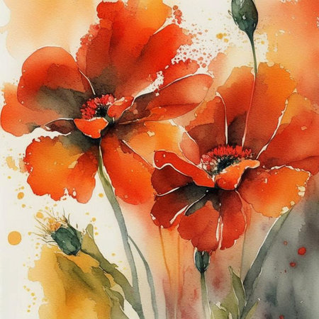 Red and orange watercolor poppy flowers with stems and leaves. Watercolor art background. Digital generated wallpaper design with flower paint brush line art.の素材