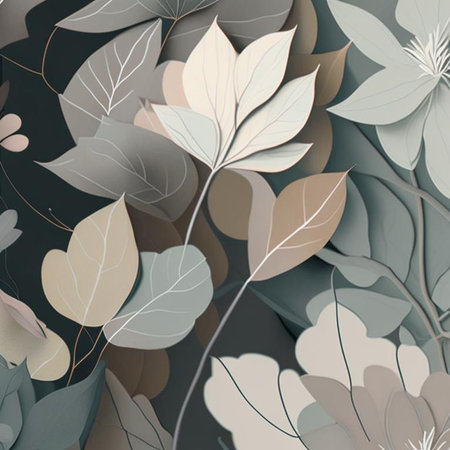 Soft grey and pink shades flowers with stems and leaves. Watercolor art background. Digital generated wallpaper design with flower paint brush line art.の素材