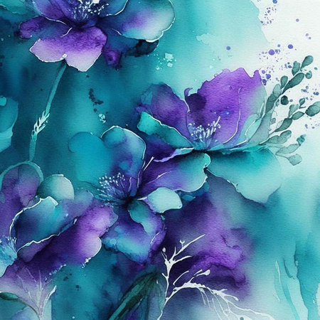 Purple and teal watercolor flowers with stems and leaves. Watercolor art background. Digital generated wallpaper design with flower paint brush line art.の素材