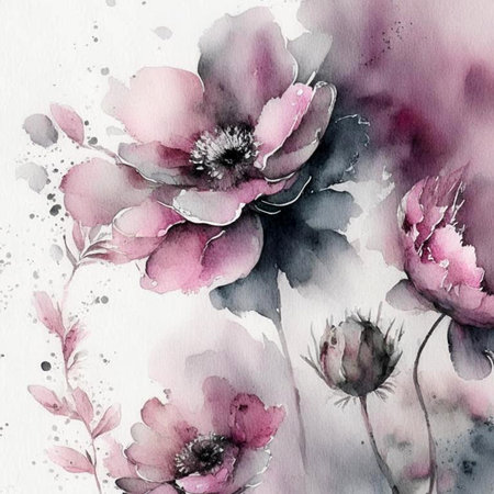 Pink and grey watercolor flowers with stems and leaves. Watercolor art background. Digital generated wallpaper design with flower paint brush line art.の素材
