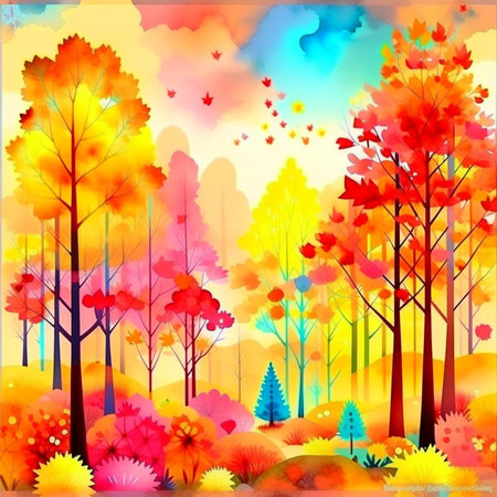 Autumn forest landscape. Colorful watercolor painting of fall season. Red, green and yellow trees. Beautiful leaves, pine trees. Minimal elegant flat scenery. Artistic natural scenery. Vintage pastel colors.の素材