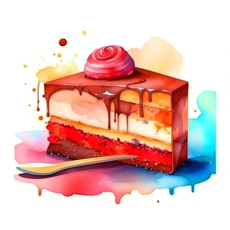 Piece of chocolate cake with cream and berries, birthday tasty bake. Watercolor illustration chocolate piece cake slice. Sugar gourmet pastry cake slice sweet delicious pie dessert food. Digital generated.の素材
