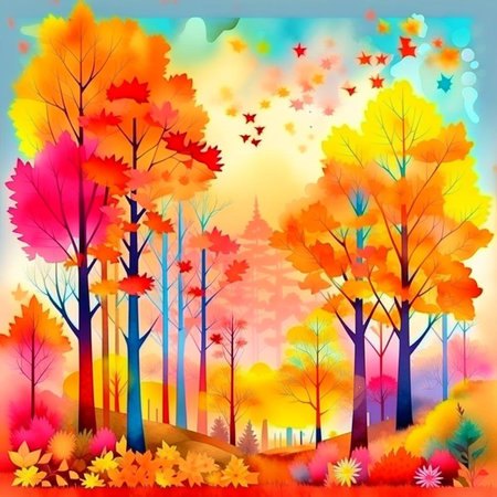 Autumn forest landscape. Colorful watercolor painting of fall season. Red, green and yellow trees. Beautiful leaves, pine trees. Minimal elegant flat scenery. Artistic natural scenery. Vintage pastel colors.の素材