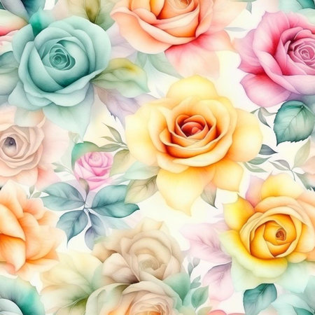 Pastel watercolor rose flowers with stems and leaves. Watercolor art background. Digital generated wallpaper design with flower paint brush line art.の素材