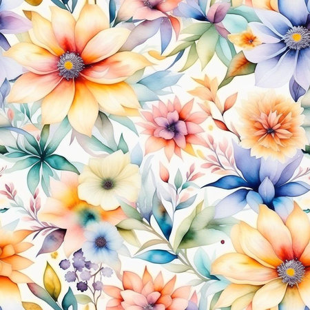 Pastel watercolor flowers with stems and leaves. Watercolor art background. Digital generated wallpaper design with flower paint brush line art.の素材