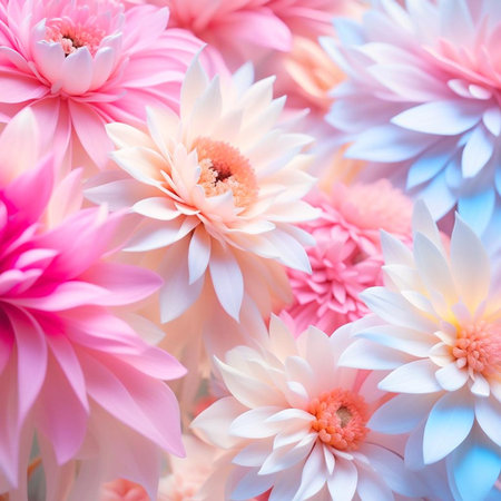 Pink and lilac flowers background. Digital generated design with flower paint brush line art. Closeup illustrations.の素材