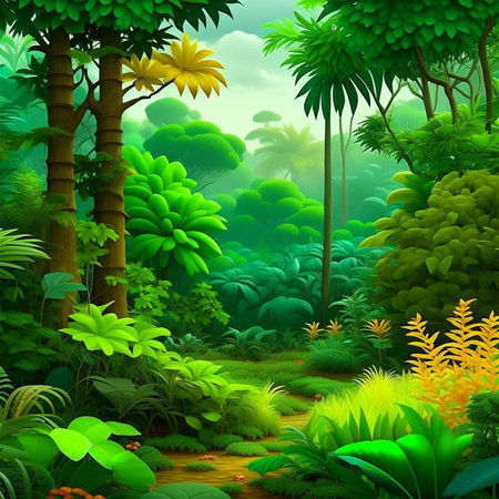 Beautiful sunny summer morning in magic tropical forest. Forest in the morning in the sun. Digital generted.の素材