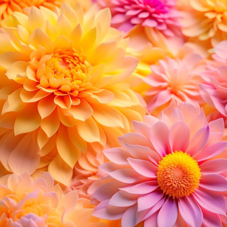 Pink and yellow flowers background. Digital generated design with flower paint brush line art. Closeup illustrations.の素材