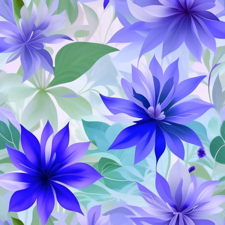 Blue, green and pink watercolor flowers with stems and leaves. Watercolor art background. Digital generated wallpaper design with flower paint brush line art.の素材