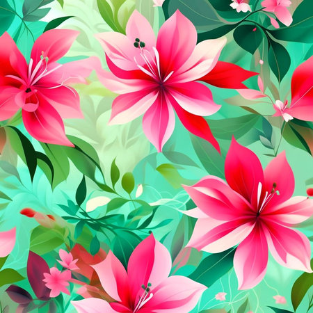 Red and pink watercolor flowers with stems and leaves. Watercolor art background. Digital generated wallpaper design with flower paint brush line art.の素材