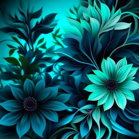 Blue and black watercolor flower Illustration for prints, wall art, cover and invitation. Watercolor art background. Digital generated wallpaper design with flower paint brush line art.の素材