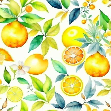 Fresh citrus fruits with leaves and flowers. Watercolor citrus, orange whole and slices in watercolor style. Digital generated illustration.の素材