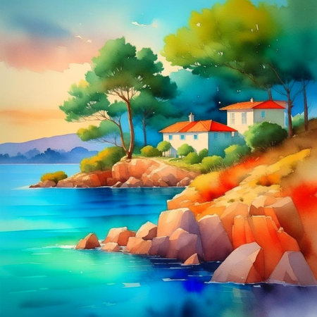 Beautiful European town on summer sea coast illustration. Natural panoramic landscape view sky, water, city houses, ships and boats amazing seascape. Digital generated.の素材