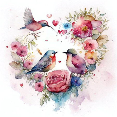 Floral romantic heart, birds and flowers in watercolor style. Valentines love illustration on light background. Digital generaterd.の素材
