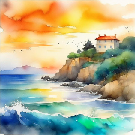 Beautiful European town on summer sea coast illustration. Natural panoramic landscape view sky, water, city houses, ships and boats amazing seascape. Digital generated.の素材