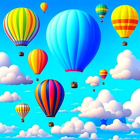 Beautiful fantasy hot air balloons against a blue sky and clouds. Vintage styled digital generated illustration.の素材