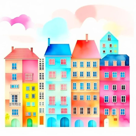 Abstract buildings in city on watercolor painting. City scape watercolor painting in bright colors. City on digital generated illustrated contemporary art.の素材