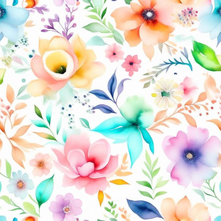 Pastel watercolor flowers with stems and leaves. Watercolor art background. Digital generated wallpaper design with flower paint brush line art.の素材