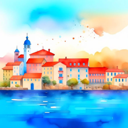 Beautiful European town on summer sea coast illustration. Natural panoramic landscape view sky, water, city houses, ships and boats amazing seascape. Digital generated.の素材