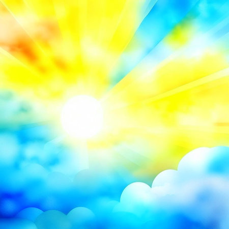 Cloudscape, blue sky with clouds and yellow sun. Digital generated illustration.の素材