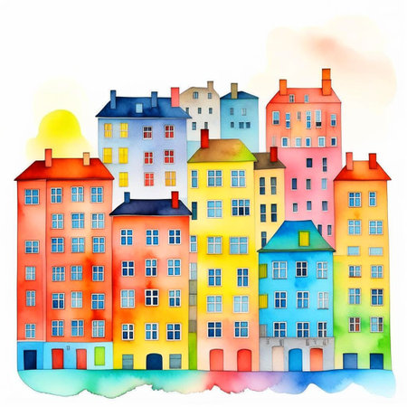 Abstract buildings in city on watercolor painting. City scape watercolor painting in bright colors. City on digital generated illustrated contemporary art.の素材