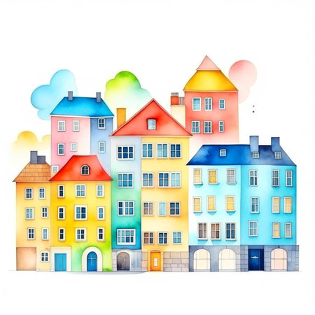 Abstract buildings in city on watercolor painting. City scape watercolor painting in bright colors. City on digital generated illustrated contemporary art.の素材