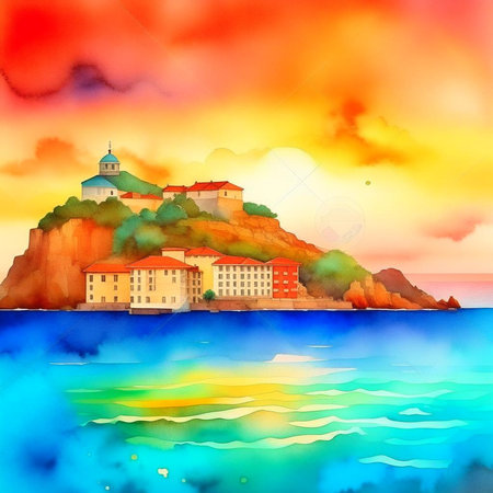 Beautiful European town on summer sea coast illustration. Natural panoramic landscape view sky, water, city houses, ships and boats amazing seascape. Digital generated.の素材