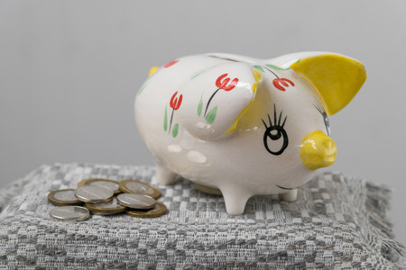 Piggy bank in the form of a painted pig. A handful of coins.