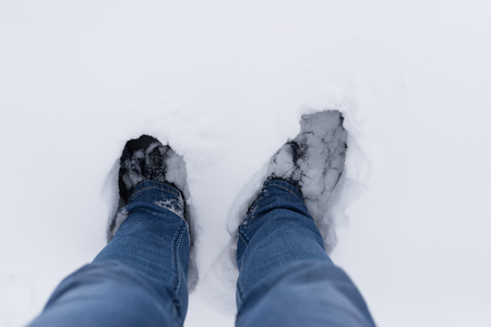 Snow shoes on a white snow during hiking in winter.の写真素材