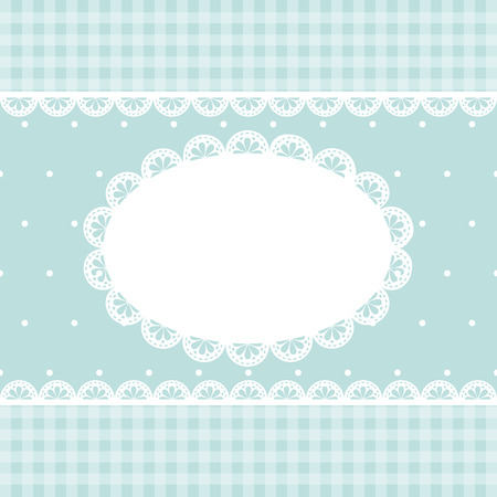 Set of white blank empty lace frame doily and ribbons blue checkered border on a light blue polka dot texture. Vector illustration.のイラスト素材