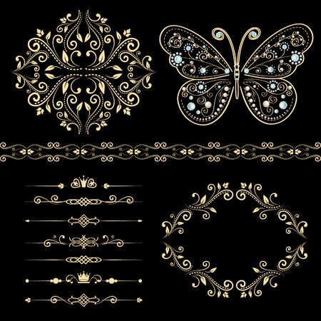 set of floral border, frame, dividers. with vintage butterfly with elegance ornament encrusted jewels. isolated on black background. vector illustration of luxury calligraphic design elementsのイラスト素材