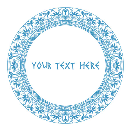 Round frame with text. Greek traditional borders. In blue color isolated on white background. Vector illustrations.のイラスト素材