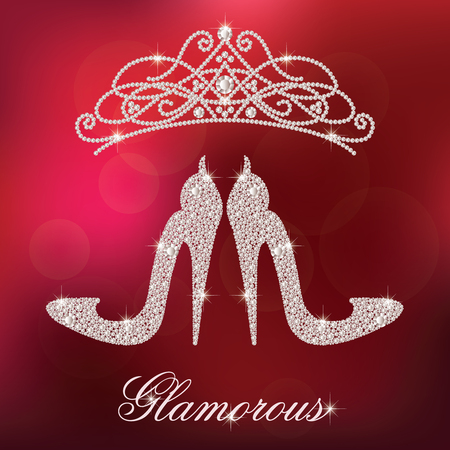 Glamour design elements. Elegant ladies high heels shoe shape, made with shiny diamonds. And crystals diadem. Isolated on the red blurred background.のイラスト素材