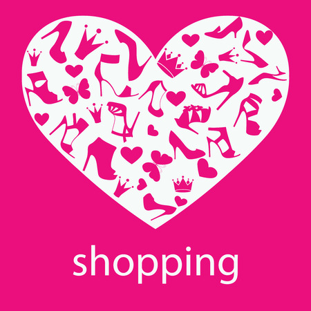 The heart is made from high-heeled shoes, crowns, butterflies in white and purple magenta color. With text.のイラスト素材